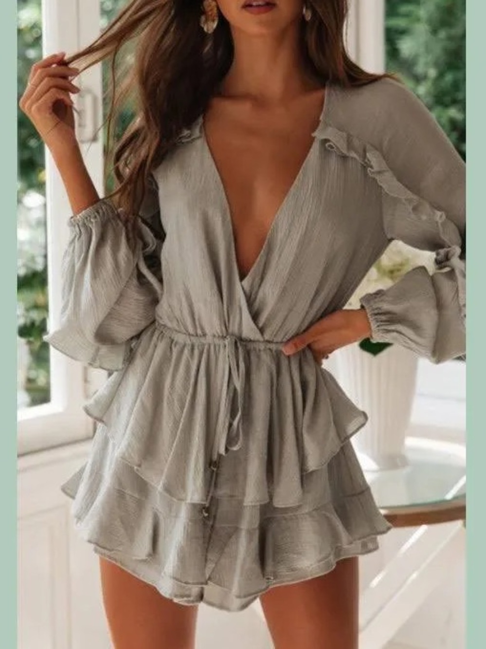 Light Grey Ruffle Wrap Romper - Picture 2 of 3